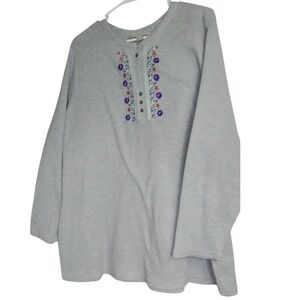 Woman Within 3X Gray Floral‎ Embroidered Henley Long Sleeve Tunic Thermal Top